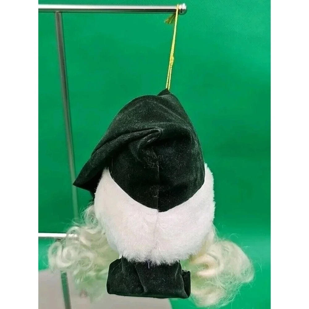 Santa Head Ceramic Face Ornament Curly Beard Glasses & Green Hat Christmas Decor
